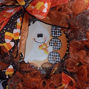 Halloween Ghost Wreath with Orange and Black Ribbons